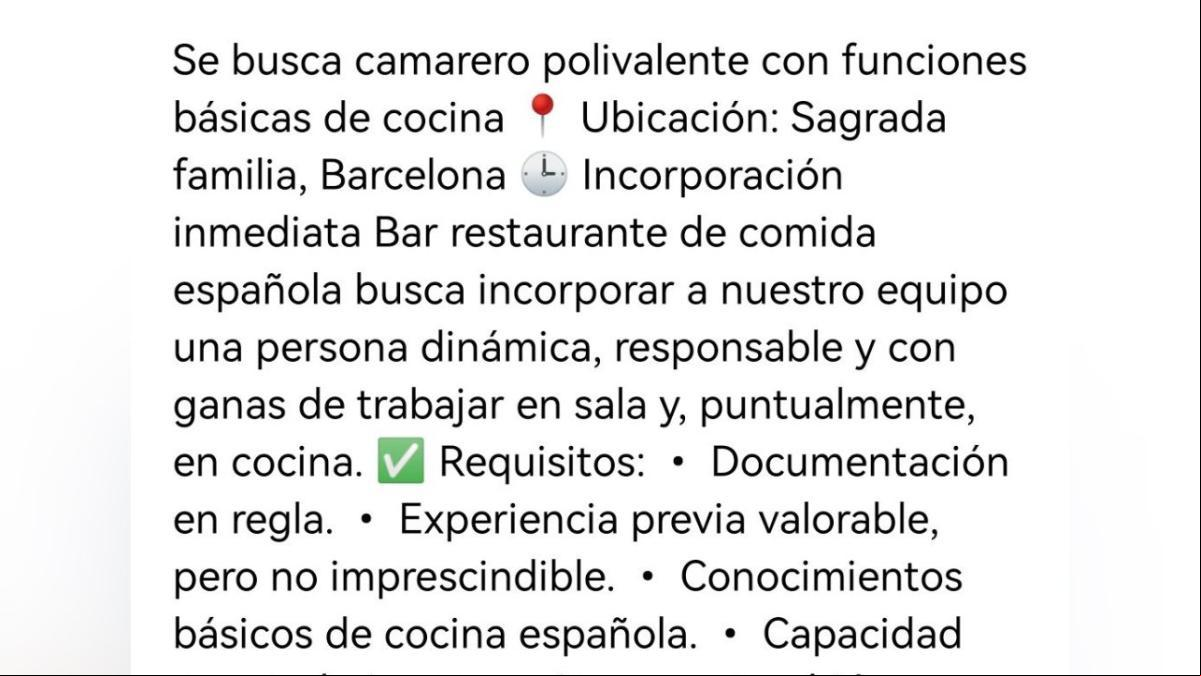 La indignante oferta de empleo de un restaurante que busca “camarero polivalente” que ha enfadado a la gente: “En vez de comprar esclavos ponen anuncios”
